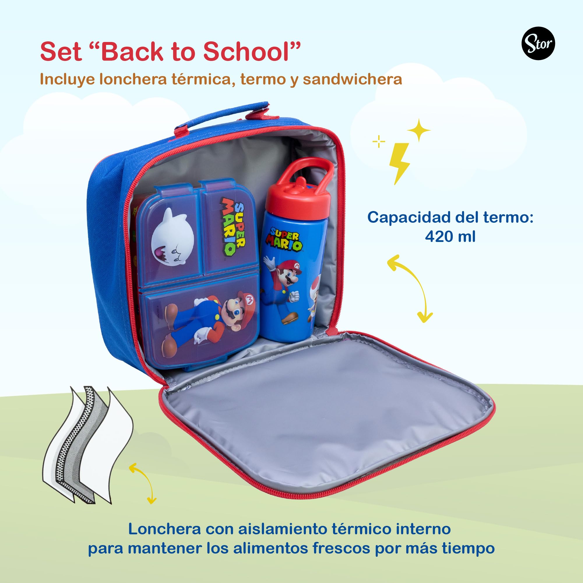 Stor – Set Regreso a Clases Minecraft 3 Piezas | Lonchera Térmica + Sandwichera XL con Compartimentos + Botella 420 ml | Producto Oficial | Libre de BPA