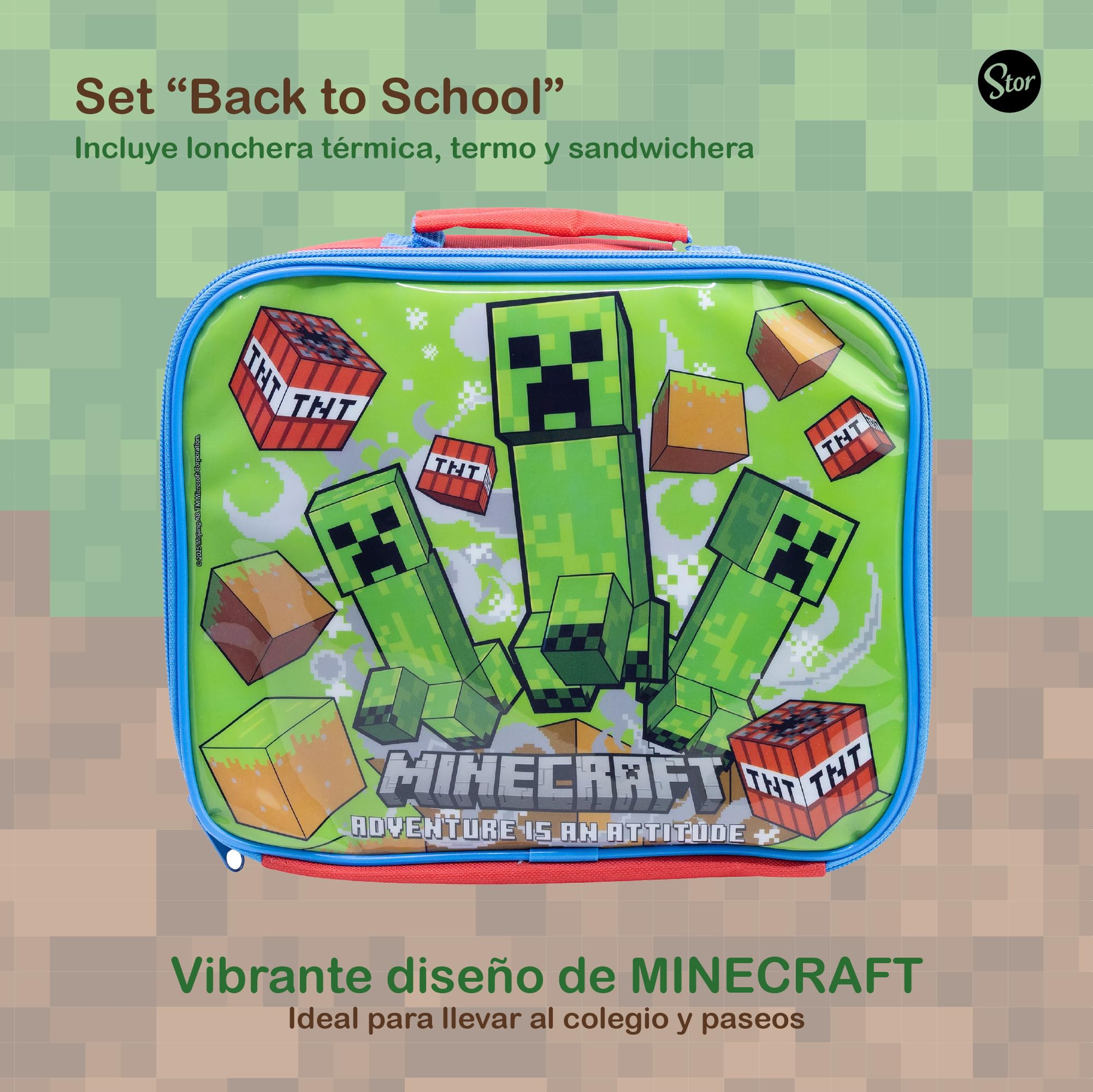 Stor – Set Regreso a Clases Minecraft 3 Piezas | Lonchera Térmica + Sandwichera XL con Compartimentos + Botella 420 ml | Producto Oficial | Libre de BPA