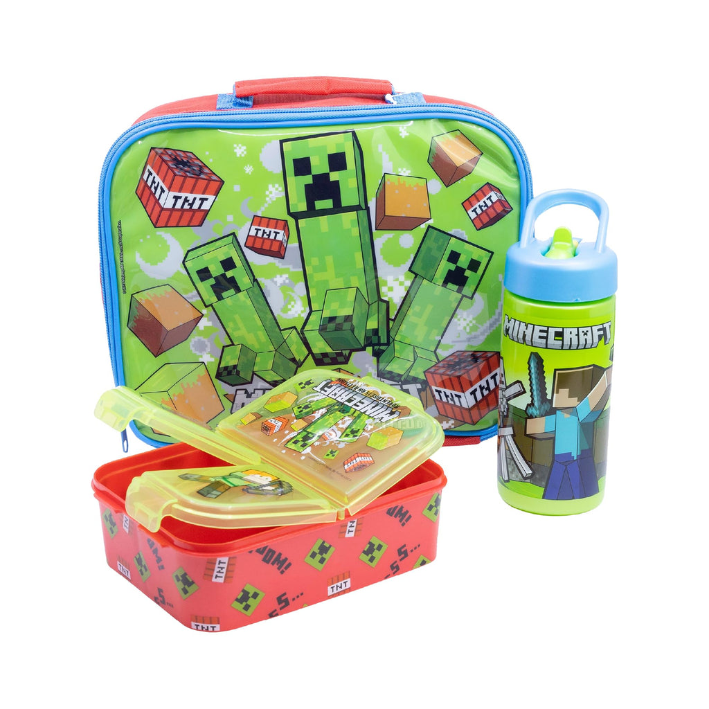 Stor – Set Regreso a Clases Minecraft 3 Piezas | Lonchera Térmica + Sandwichera XL con Compartimentos + Botella 420 ml | Producto Oficial | Libre de BPA