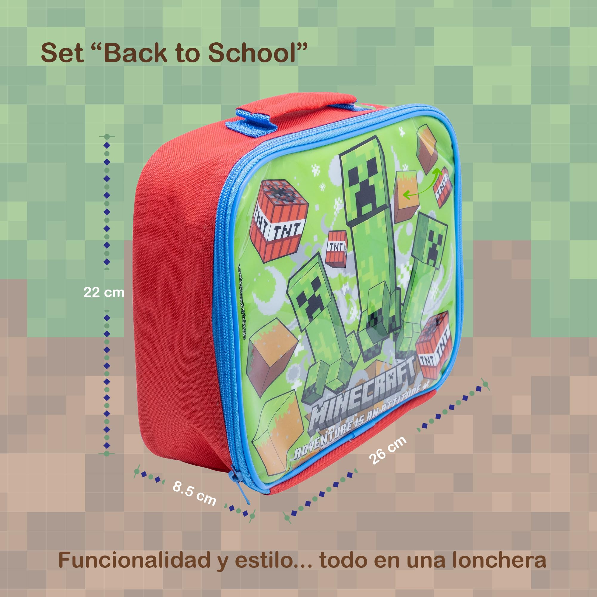 Stor – Set Regreso a Clases Minecraft 3 Piezas | Lonchera Térmica + Sandwichera XL con Compartimentos + Botella 420 ml | Producto Oficial | Libre de BPA