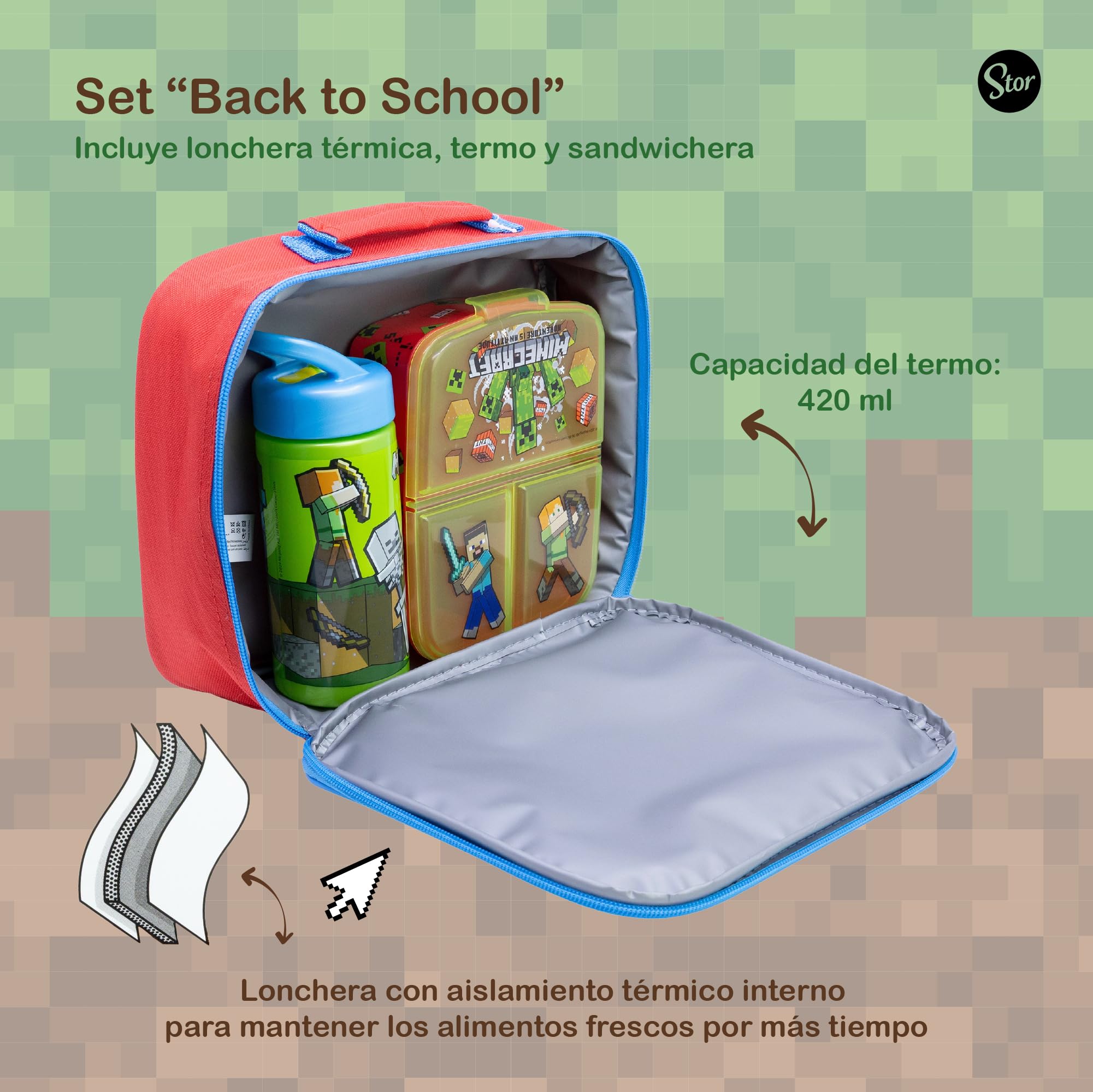 Stor – Set Regreso a Clases Minecraft 3 Piezas | Lonchera Térmica + Sandwichera XL con Compartimentos + Botella 420 ml | Producto Oficial | Libre de BPA