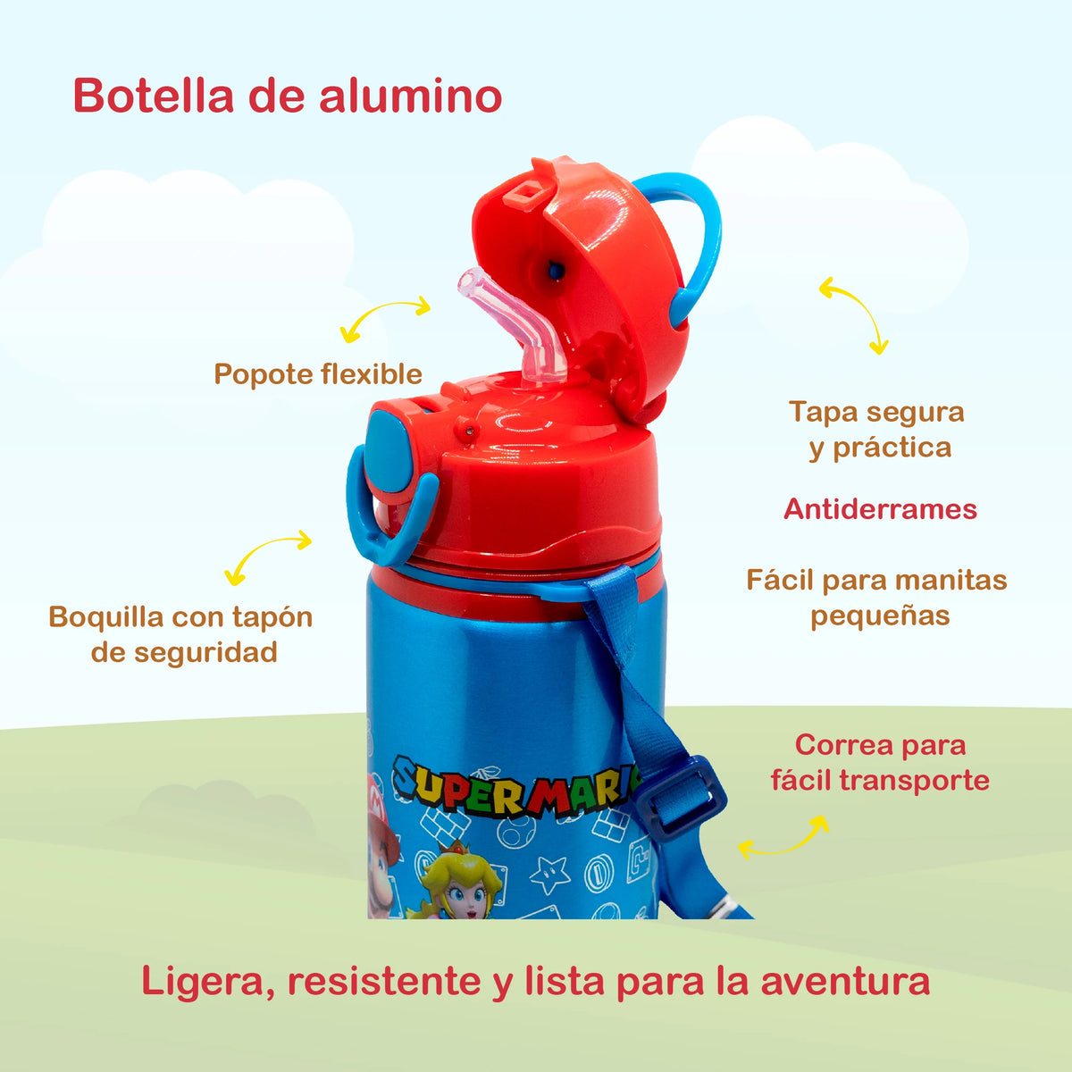 Botella de Aluminio Super Mario con Correa de Transporte