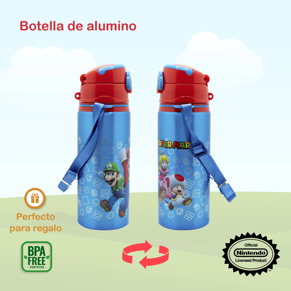 Botella de Aluminio Super Mario con Correa de Transporte
