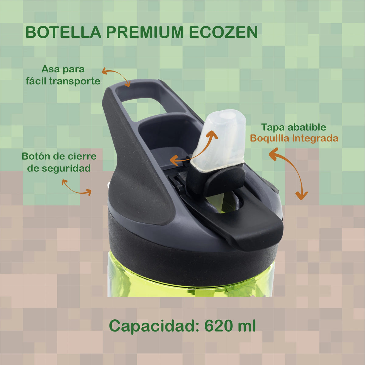 Botella Ecozen Premium Minecraft con Asa y Popote