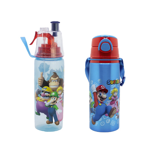 Set de 2 Botellas Super Mario, Spray y Aluminio para Niños