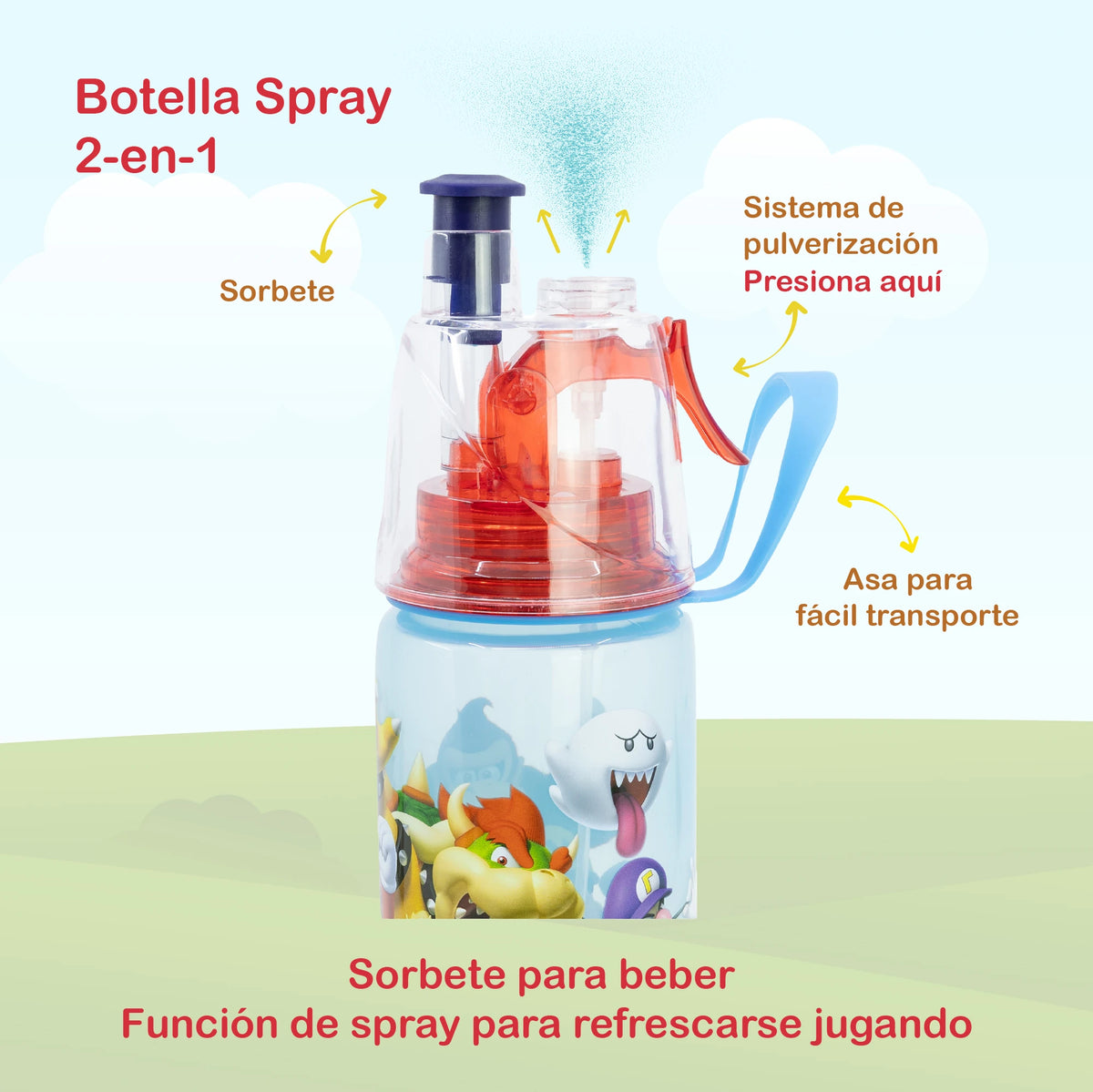 Set de 2 Botellas Super Mario, Spray y Aluminio para Niños
