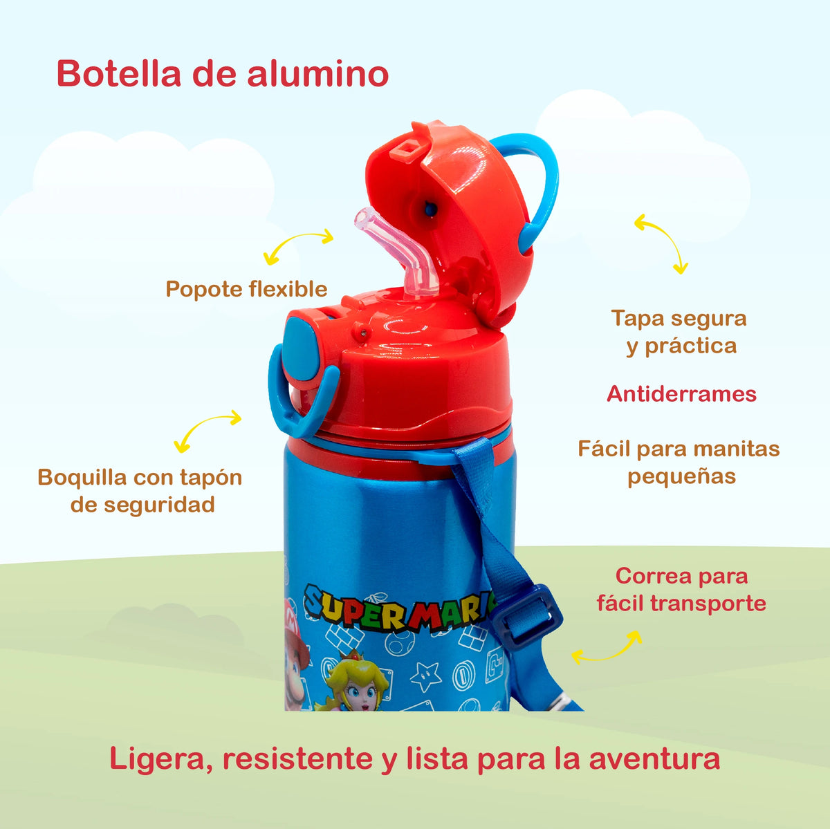 Set de 2 Botellas Super Mario, Spray y Aluminio para Niños