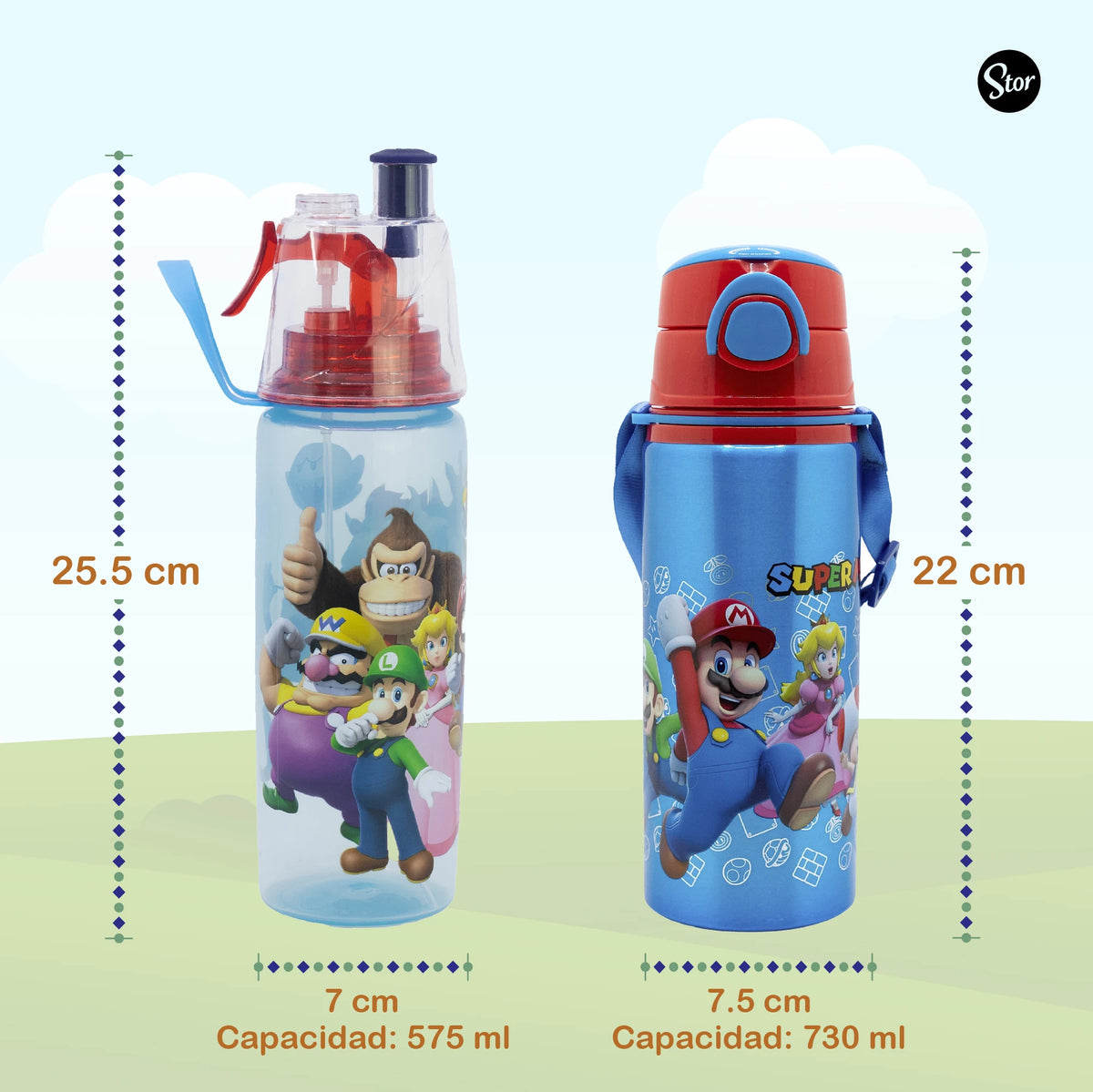 Set de 2 Botellas Super Mario, Spray y Aluminio para Niños
