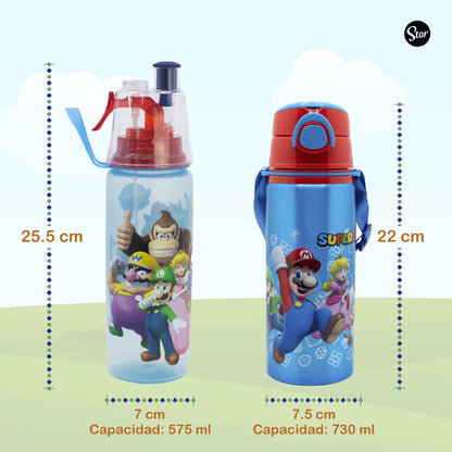Set de 2 Botellas Super Mario, Spray y Aluminio para Niños